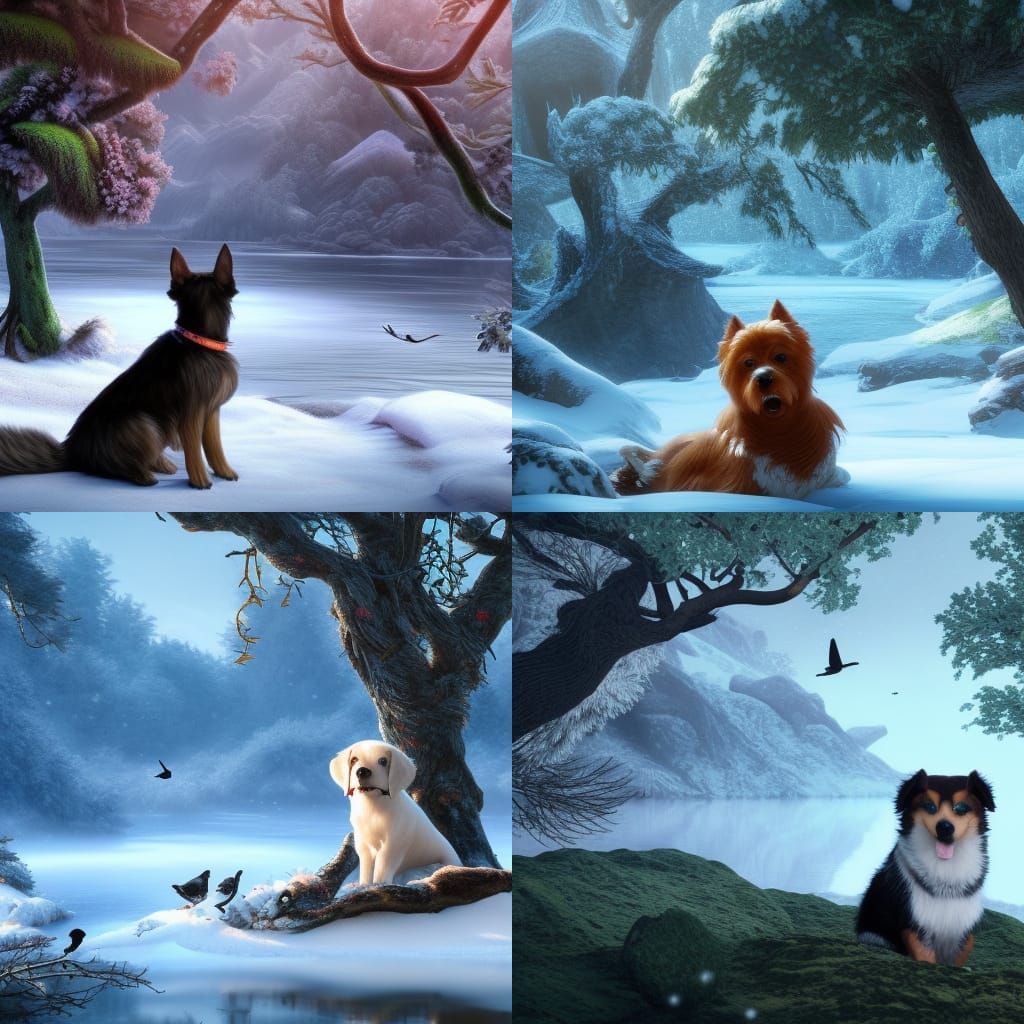 Dog in Snowy Mountain Landscape, Detailed Matte Painting