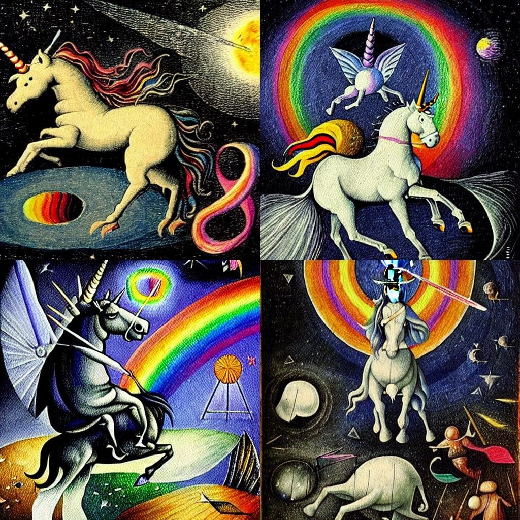 Unicorn and Warrior Fly By Moon, Bosch Style