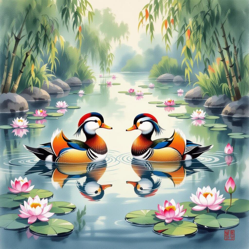 Mandarin Ducks on Lotus Pond in Chinese Style