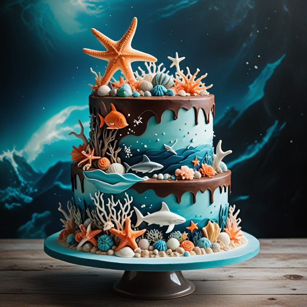 Sea-Inspired Chocolate Cake with Sharks and Coral