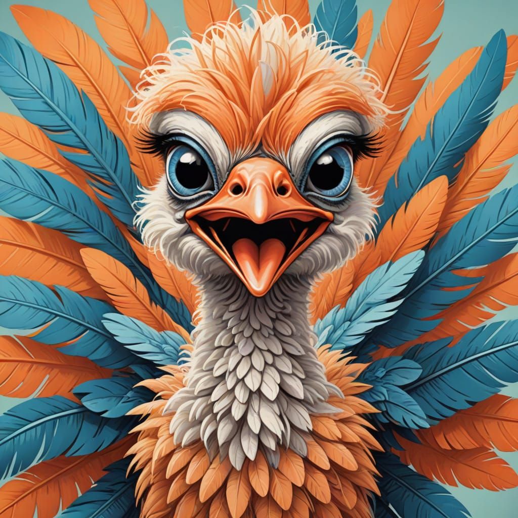 Whimsical Chibi-Style Ostrich Runs with Vibrant Feathers