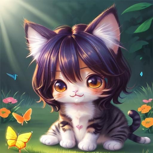 Chibi Cat and Butterfly in Sunlight