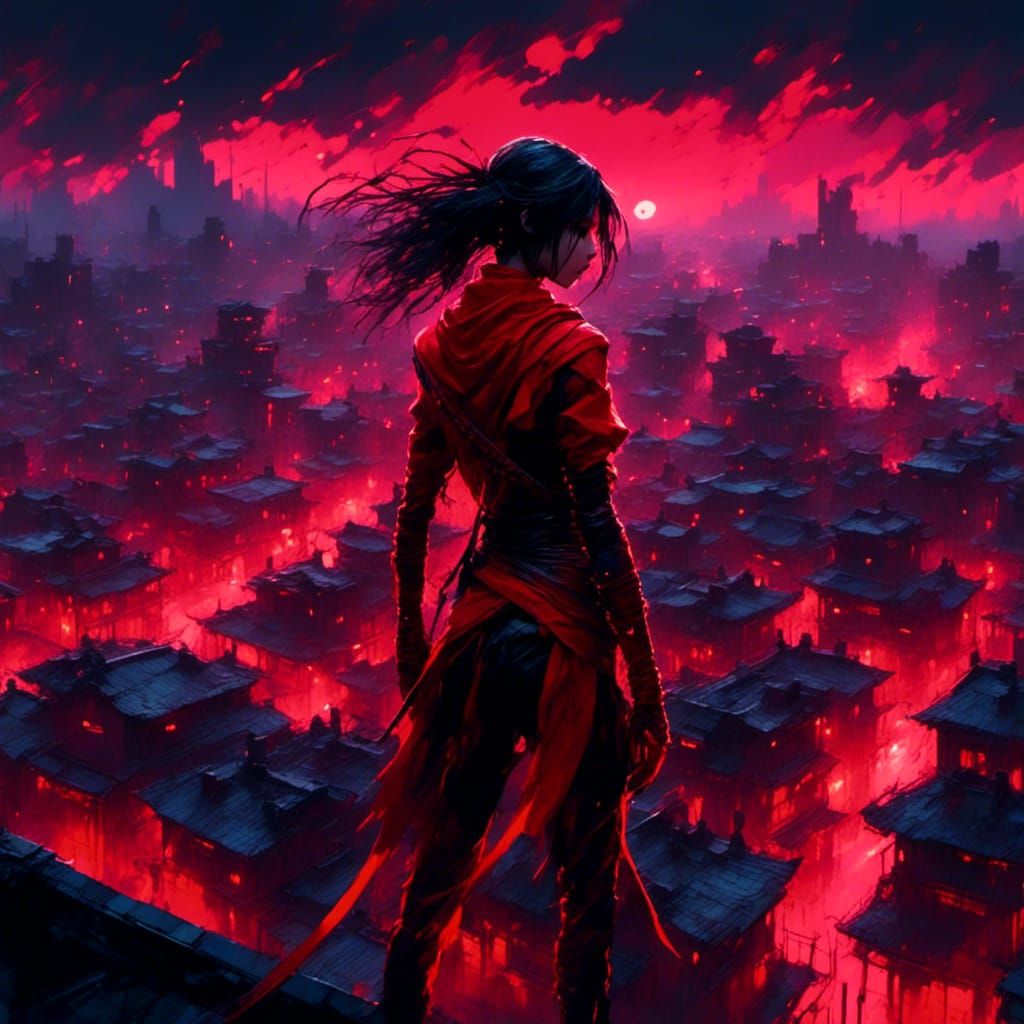 Female Ninja Assassin in Dark Anime Style Cityscape