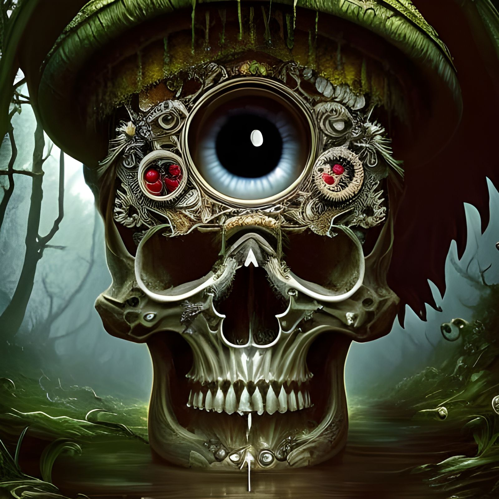 Eldritch Skull and Gravestone in Fantasy Countryside