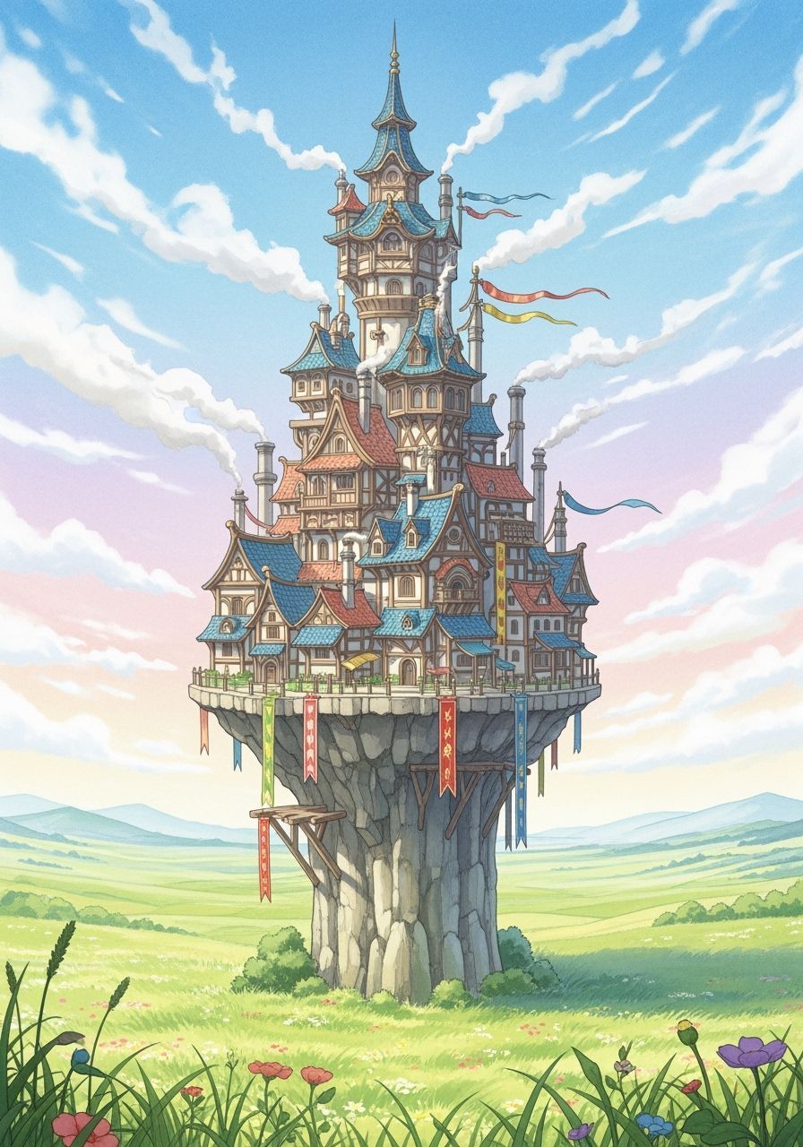 Fantasy Anime Tower Village Watercolor Illustration