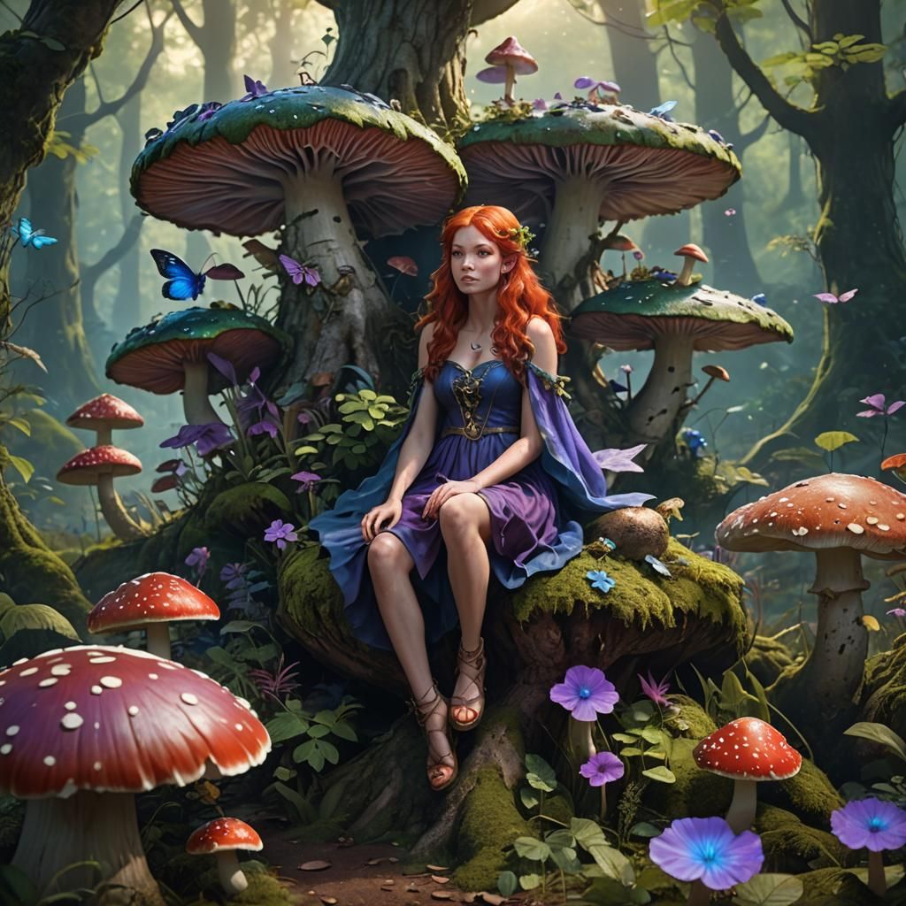 Fairy on Mushroom in Magical Forest: Fantasy Art