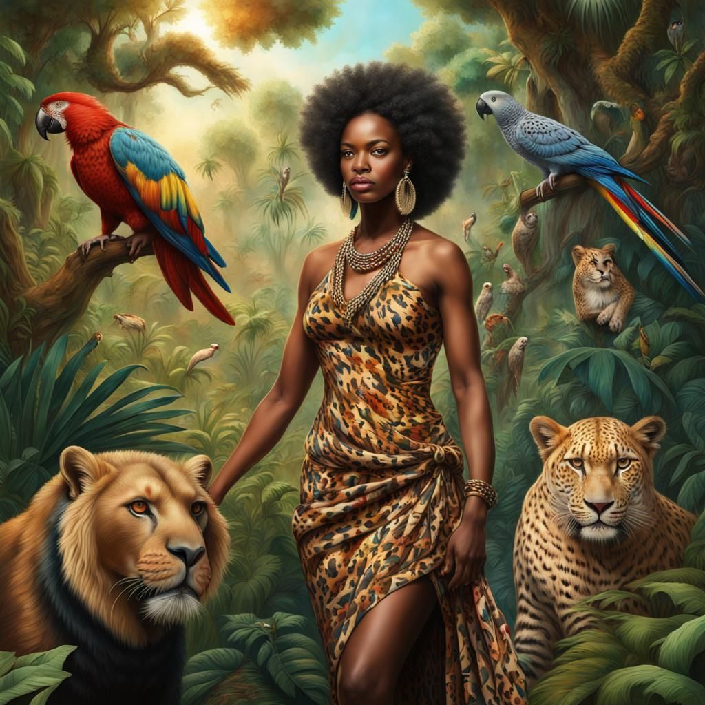 African Woman with Exotic Pets in Jungle, 3D Portrait