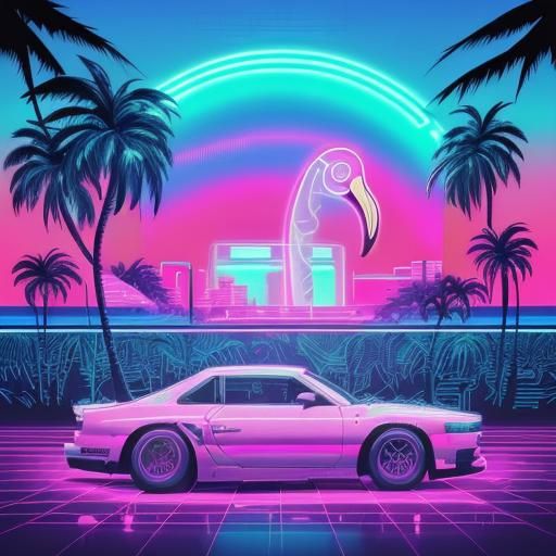 Dreamy Vaporwave Landscape with Neon and Retro Elements