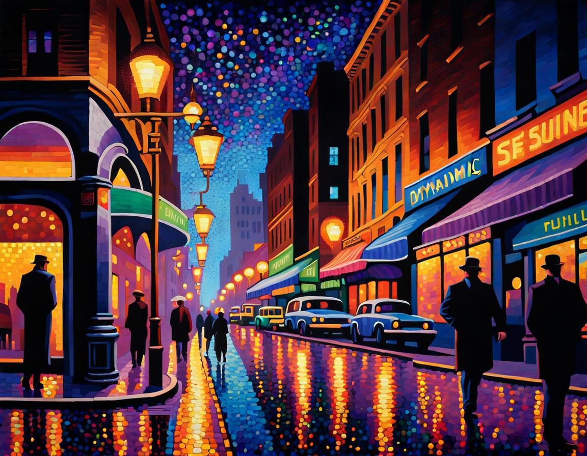 Pointillist Cityscape at Night in Pop Art Style