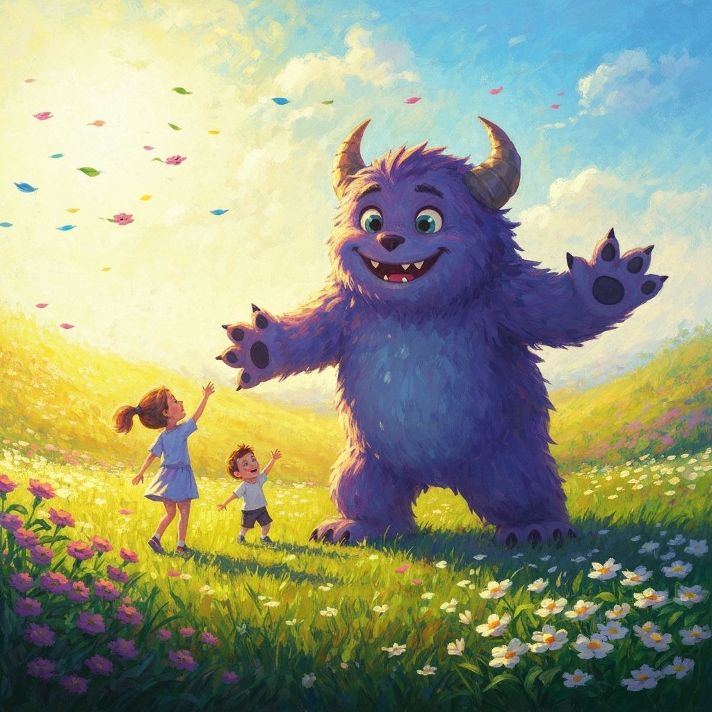 Friendly Monster Plays with Children in Sunny Meadow, Impres...