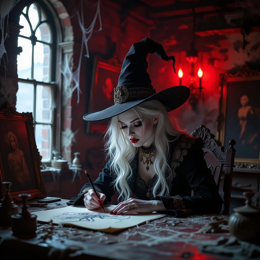Gothic Studio Scene: Artist Sketching Mythical Creature