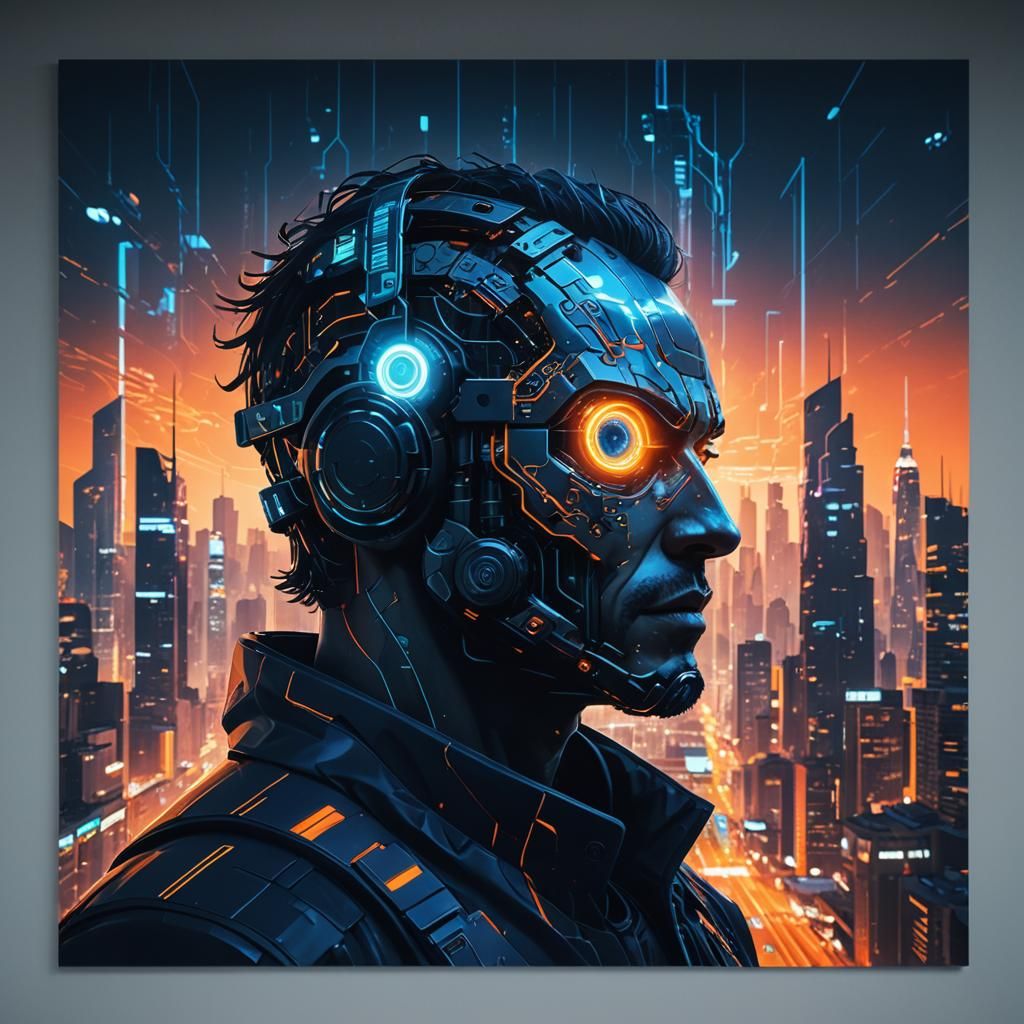 Cyborg Silhouette Against a Neon Noir Cityscape
