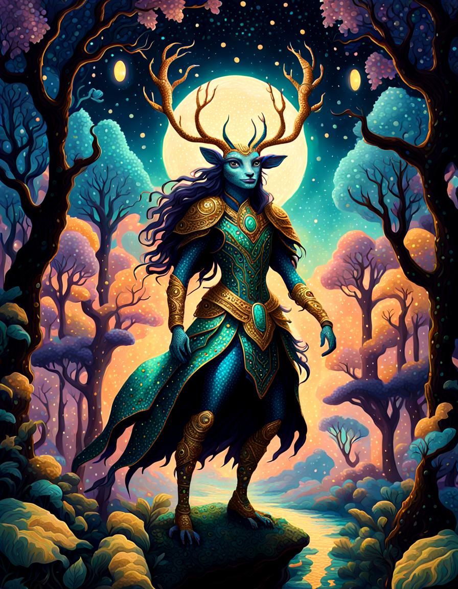 Monster Person in Mystical Forest: Pointillism Art