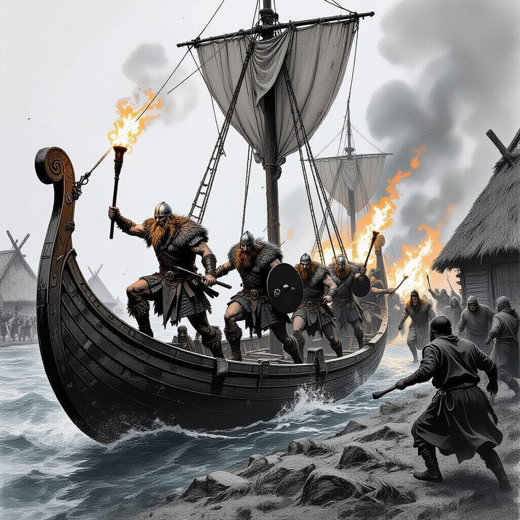 Vikings Raid Coastal Village in Pen and Ink Style