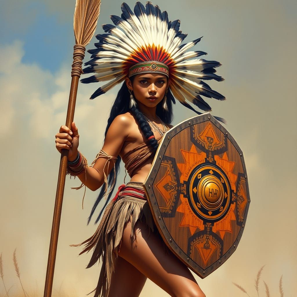 Native American Warrior in Regal Feather Headdress