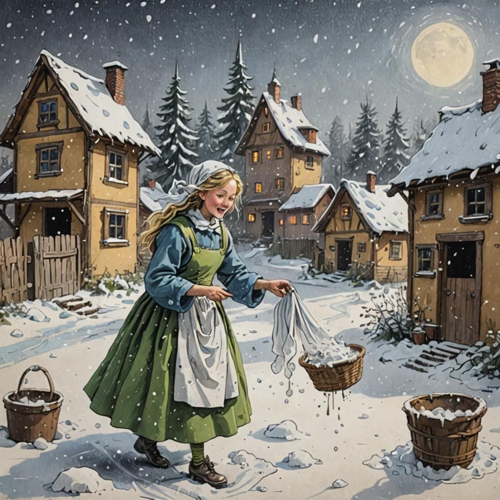 Frau Holle Shakes Laundry, Snows on Earth
