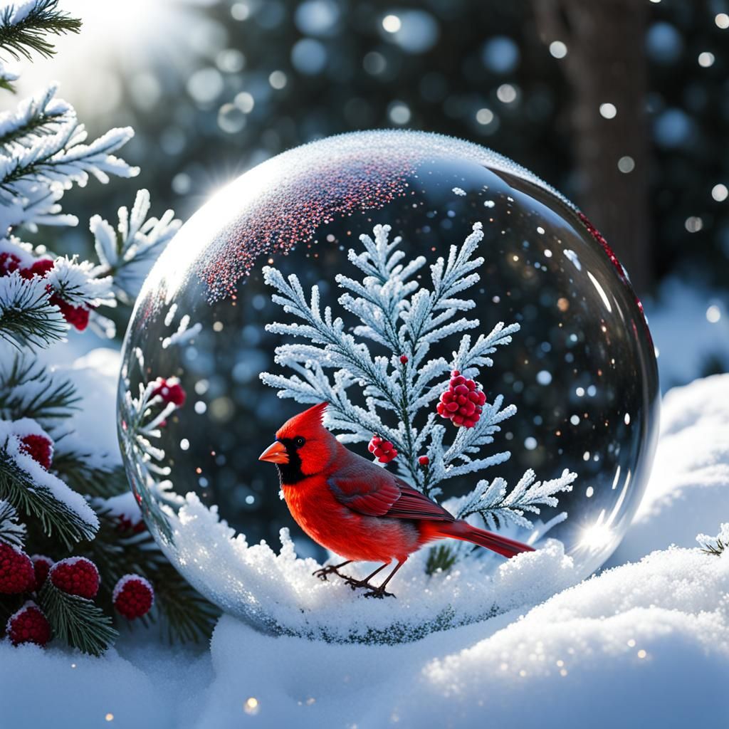 Cardinal in Snow Globe: Hyperrealistic Winter Scene