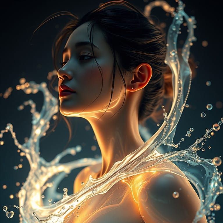Holographic Waterbender Woman with Glowing Lines