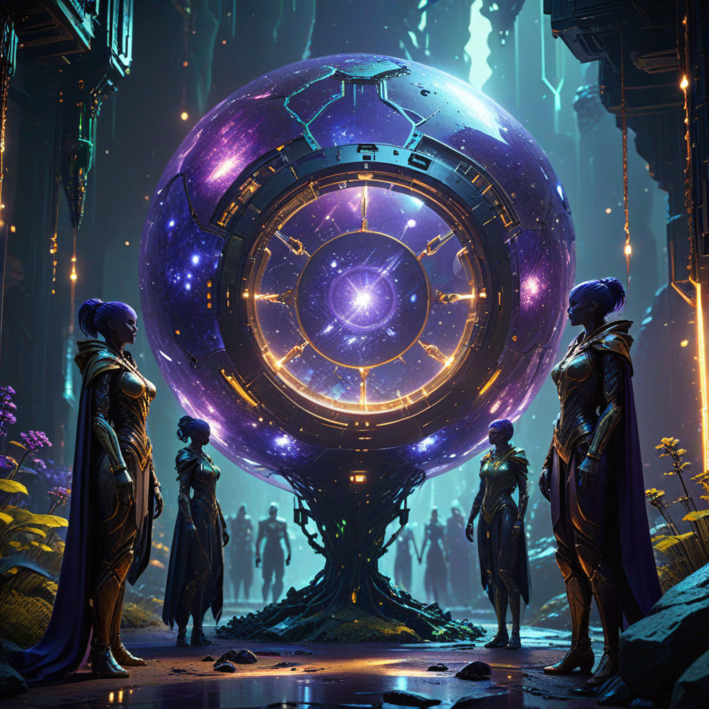 Surreal Blockchain Figures Gather Around Glowing Hub in Deep...