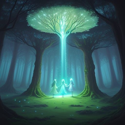 Dreamlike Bioluminescent Forest with Face Trees