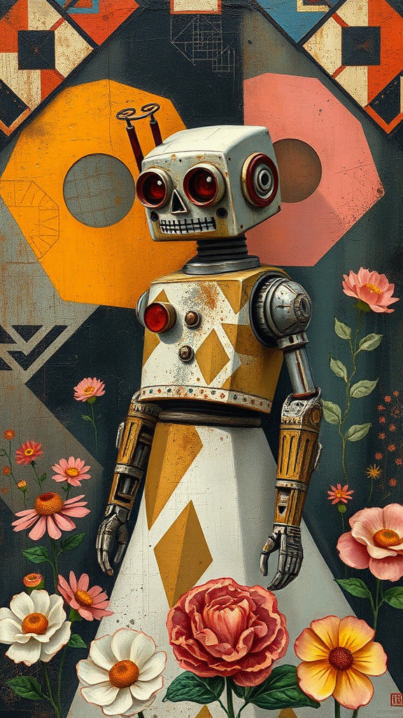 Aztec Grimdark Robot Bride with Petunias