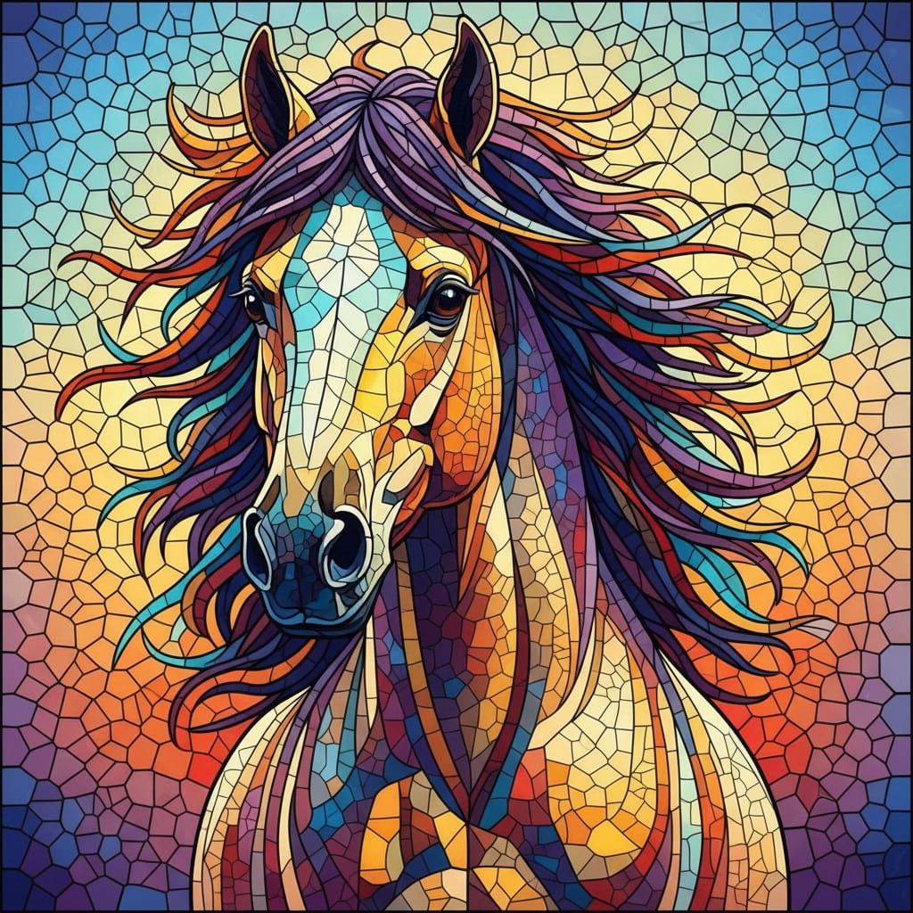 Vibrant Mosaic Horse Portrait in Stained Glass Style