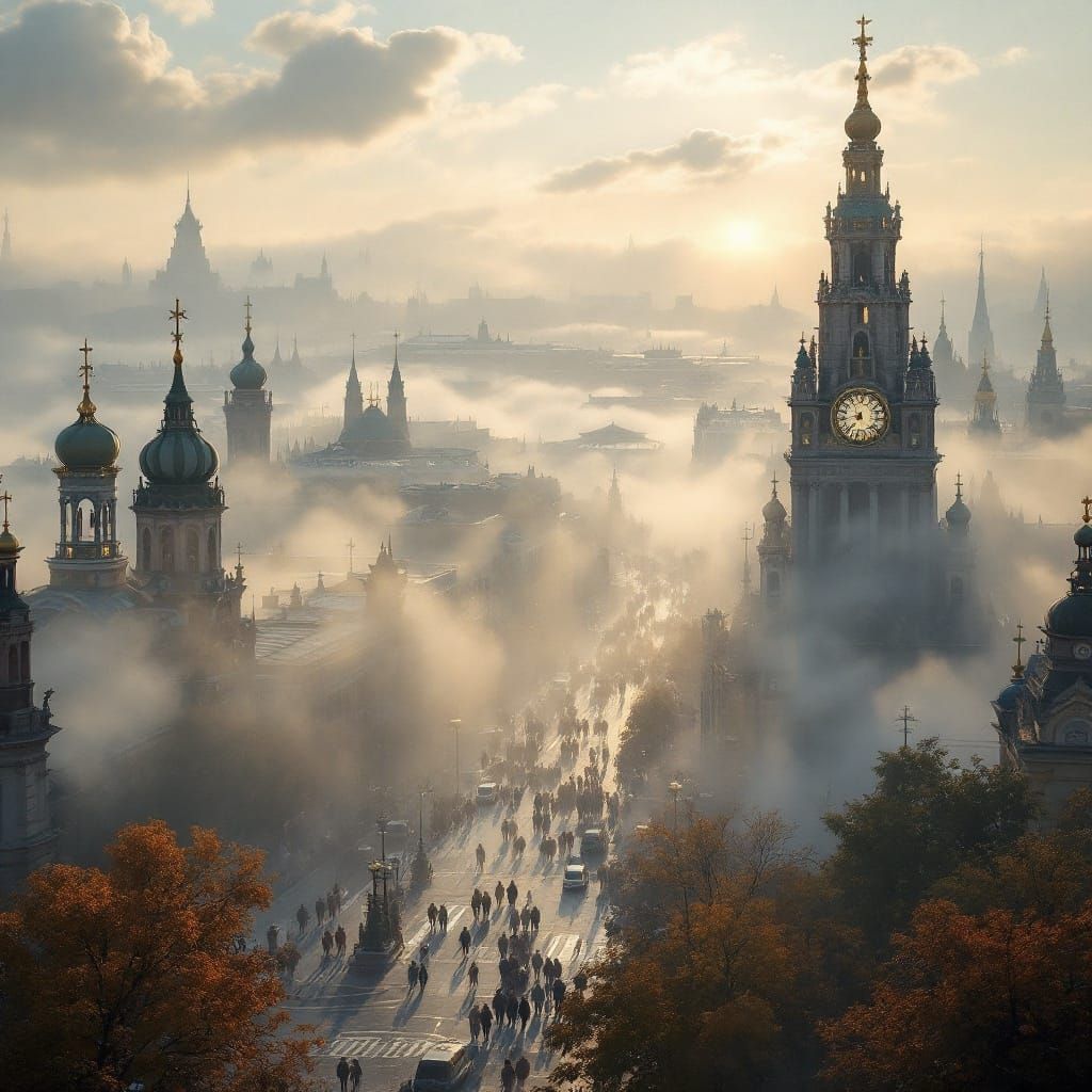 Golden Hour Cityscape in Mystical Fog