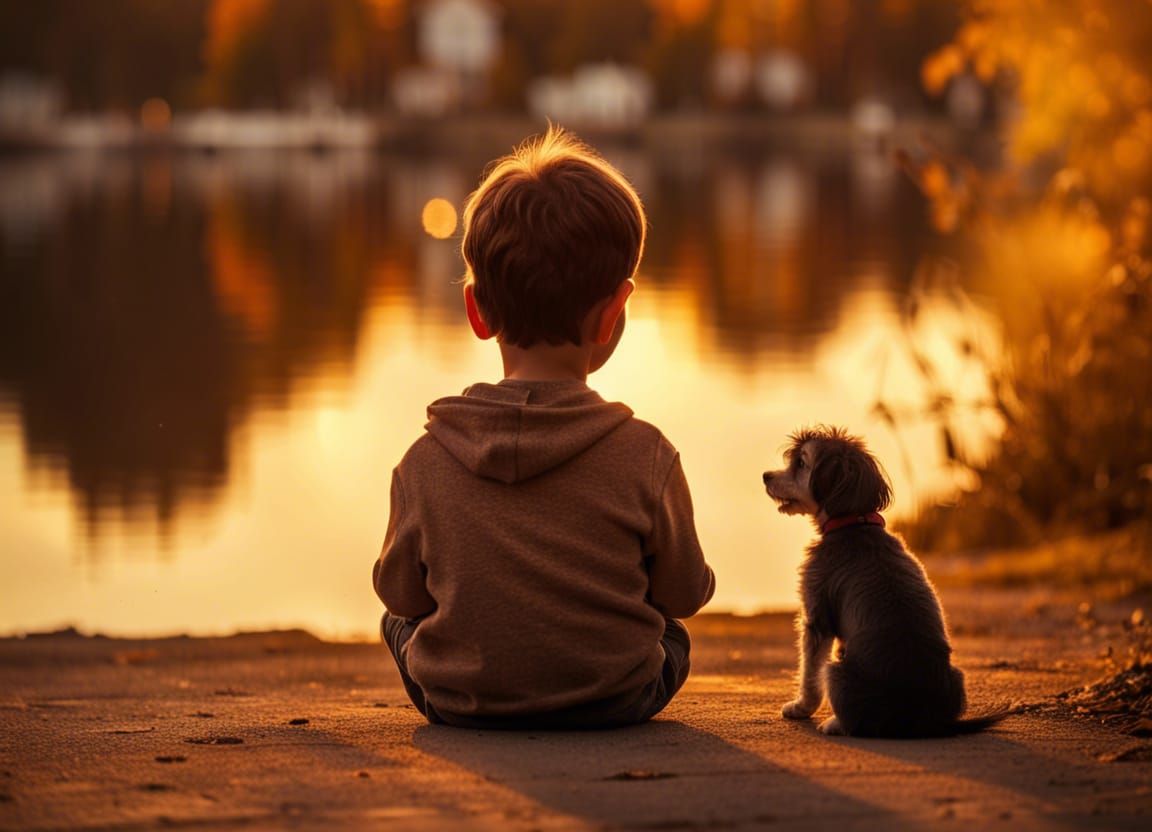 Boy and Dog by Lake at Golden Hour