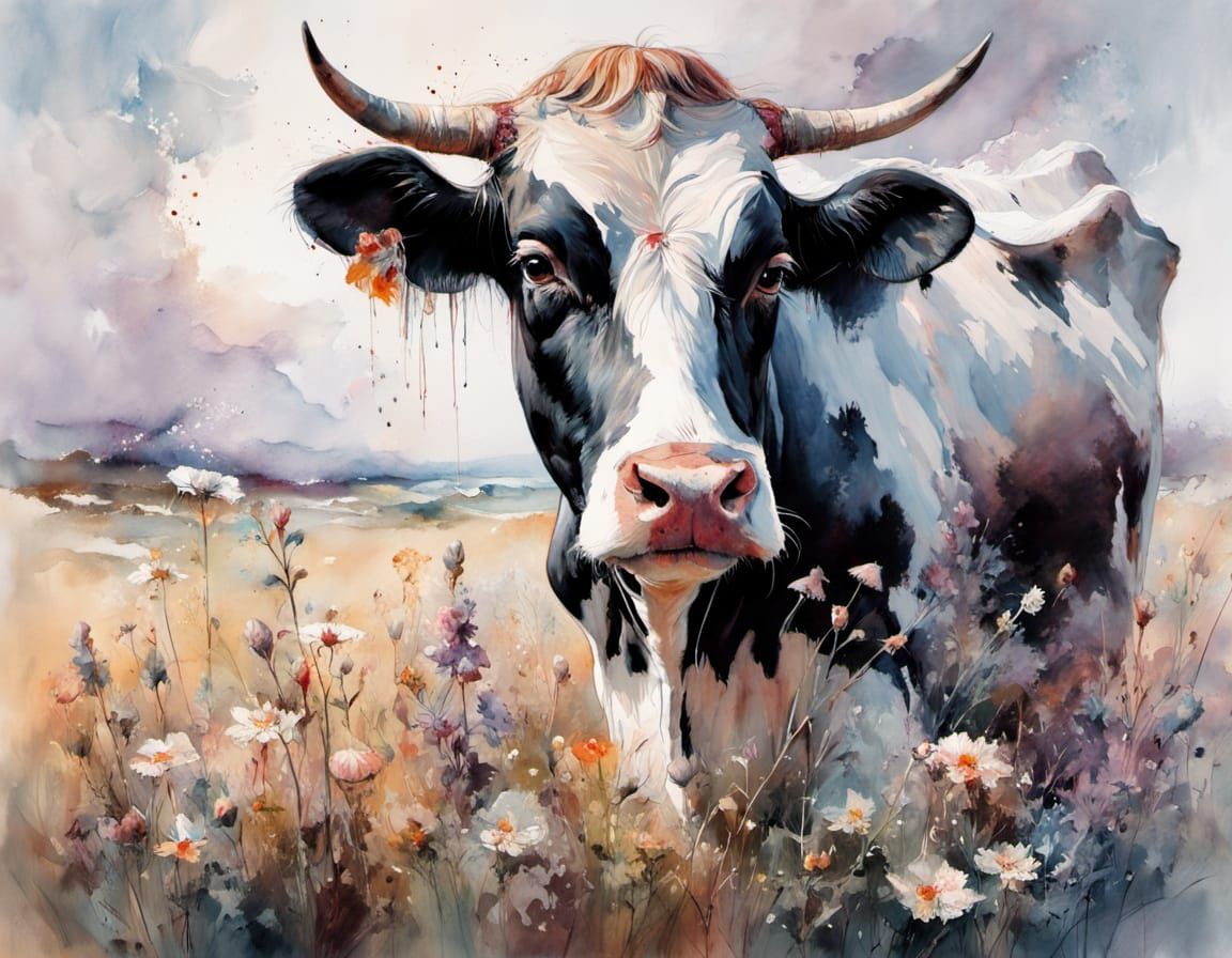 Holstein-Friesian Cow Grazing: Watercolor Pastel Painting
