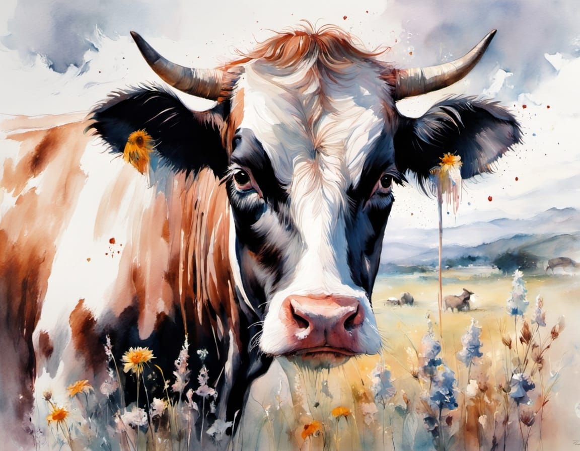 Holstein-Friesian Cow in Wildflower Field, Watercolor Painti...