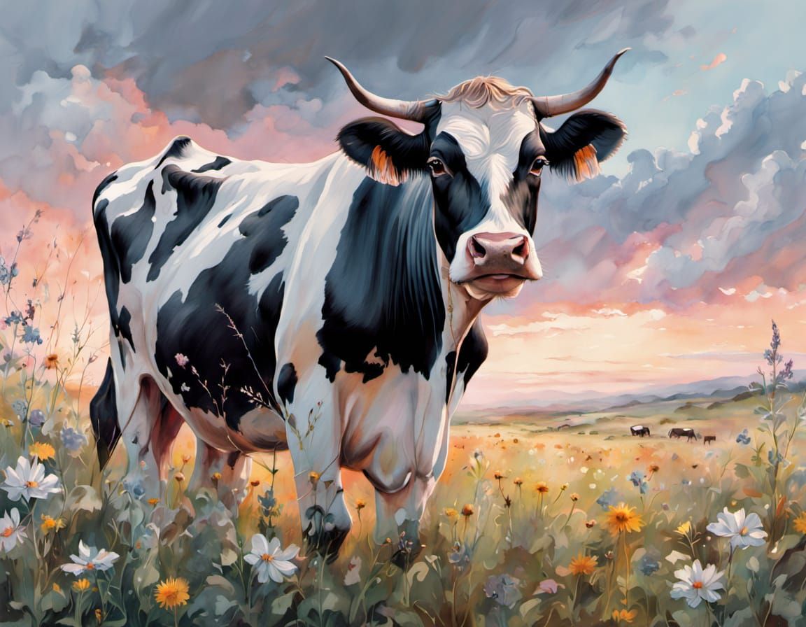 Holstein-Friesian Cow in Wildflower Field, Watercolor Style