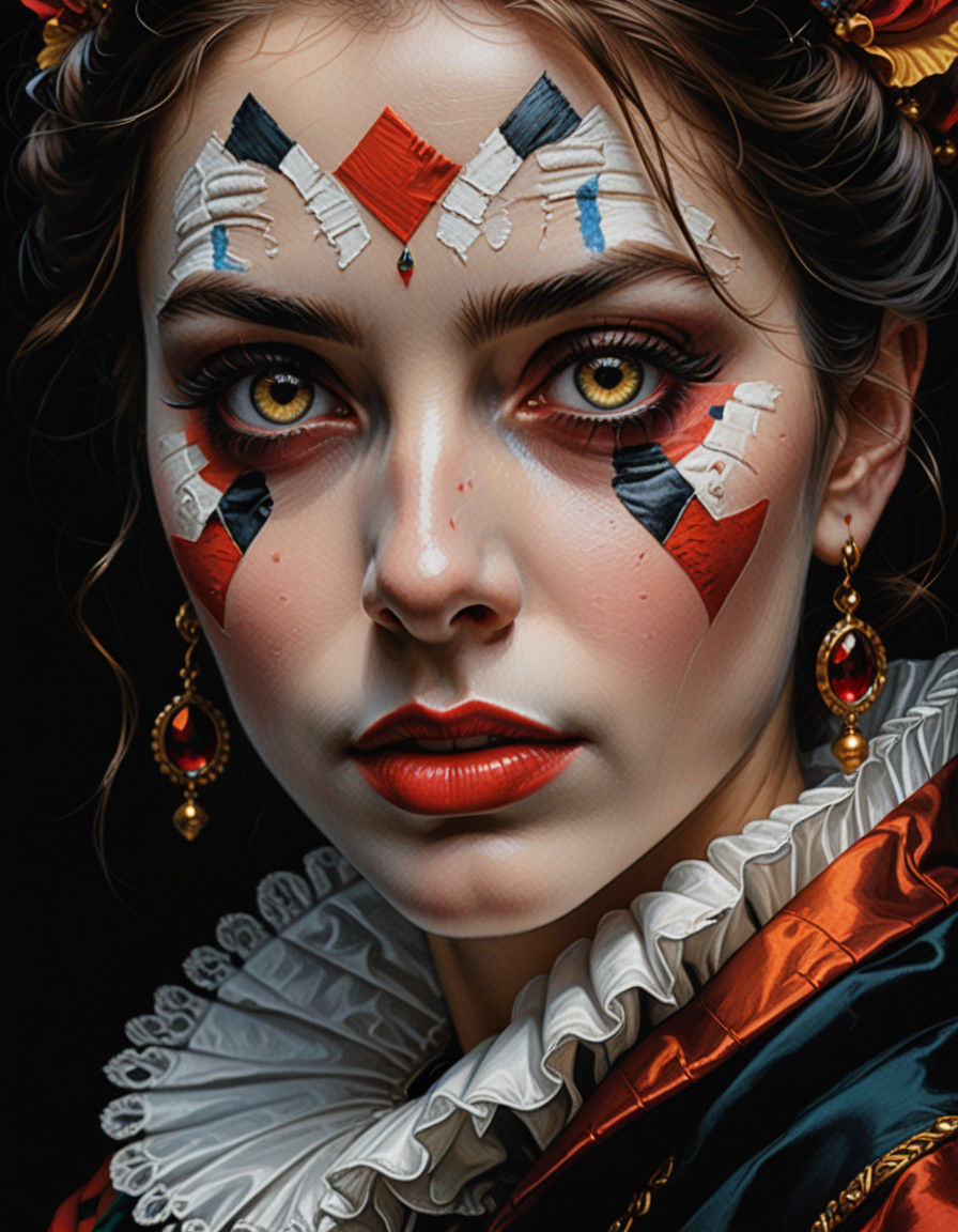 Hyper-Realistic Harlequin Portrait with Chiaroscuro Lighting