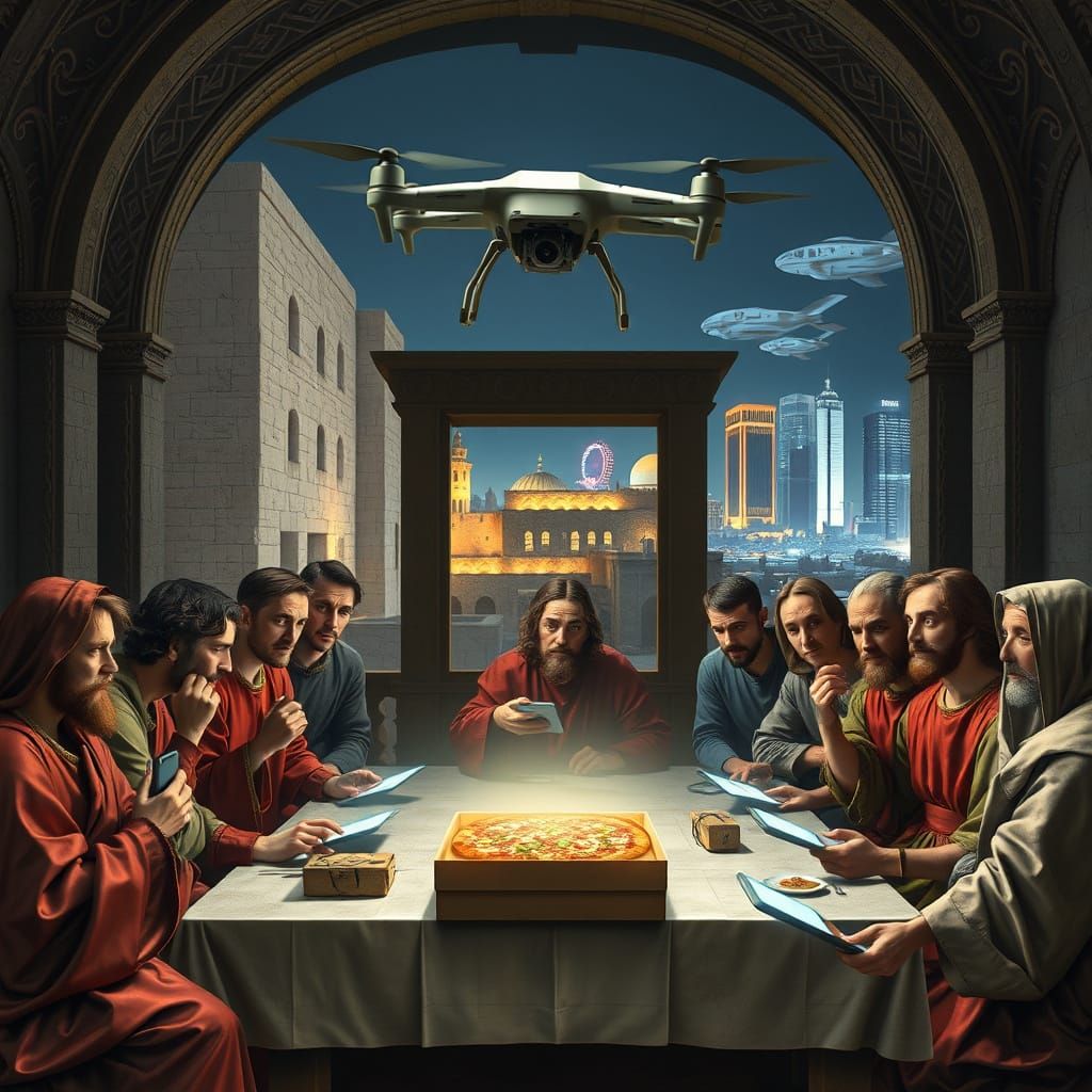 Futuristic Disciples Marvel at Pizza Delivery Drone at the L...
