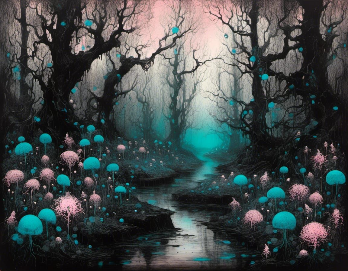 Whimsical Black and White Forest in Ink Painting Style