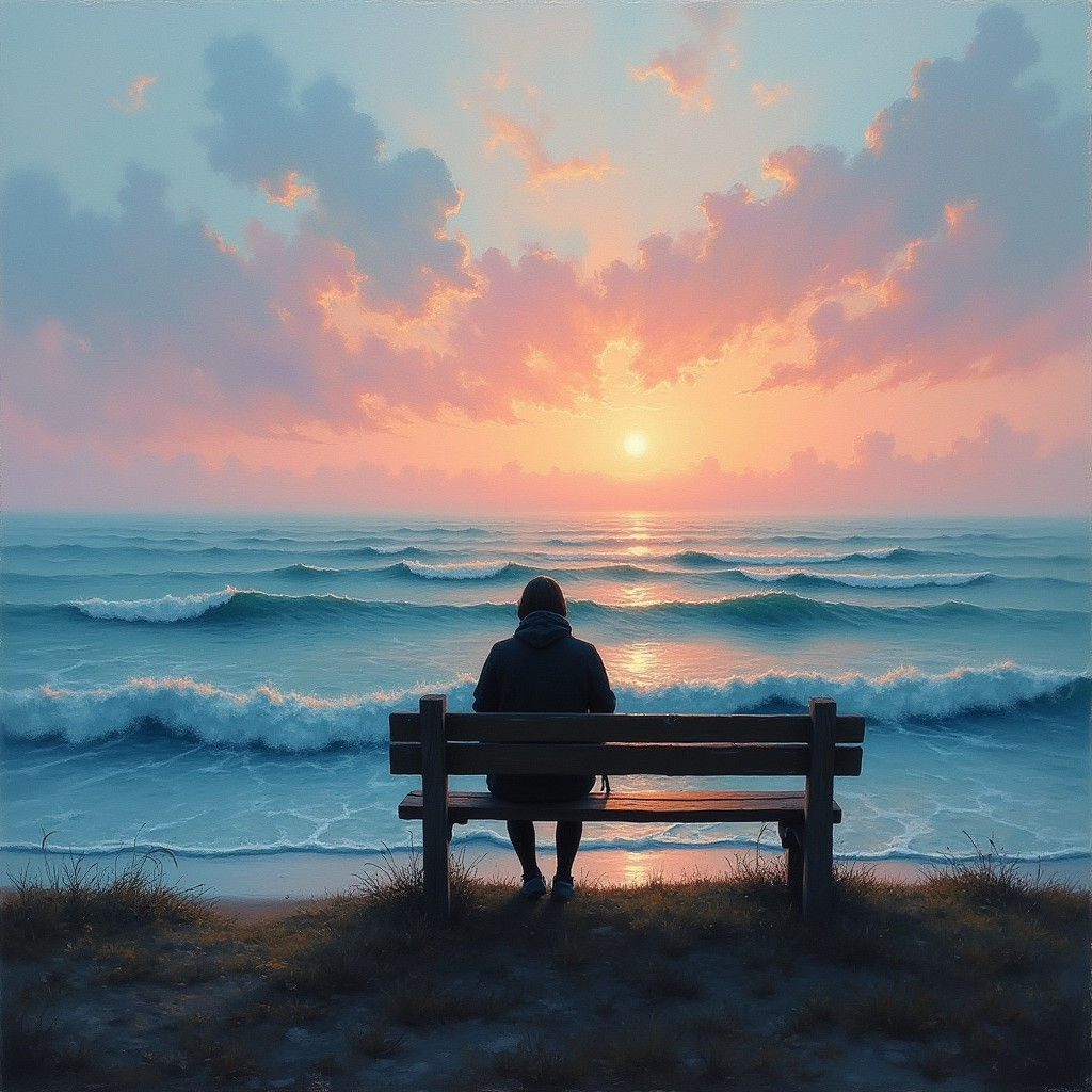 Contemplative Figure Gazing at Dawn Seascape