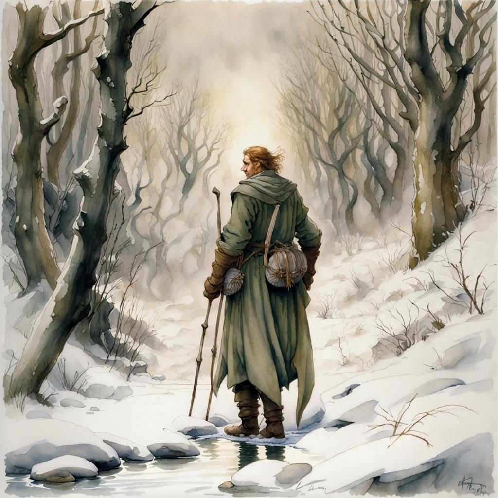 Winter Ranger in Snow, Watercolour Ink Painting