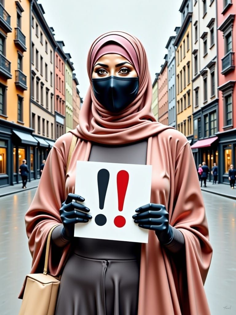 Woman in Hijab Holding Sign as Oil Painting