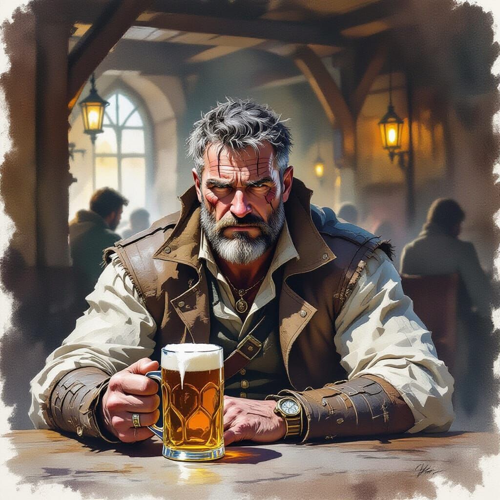 Grizzled Mercenary in Dim Tavern: Watercolor Art