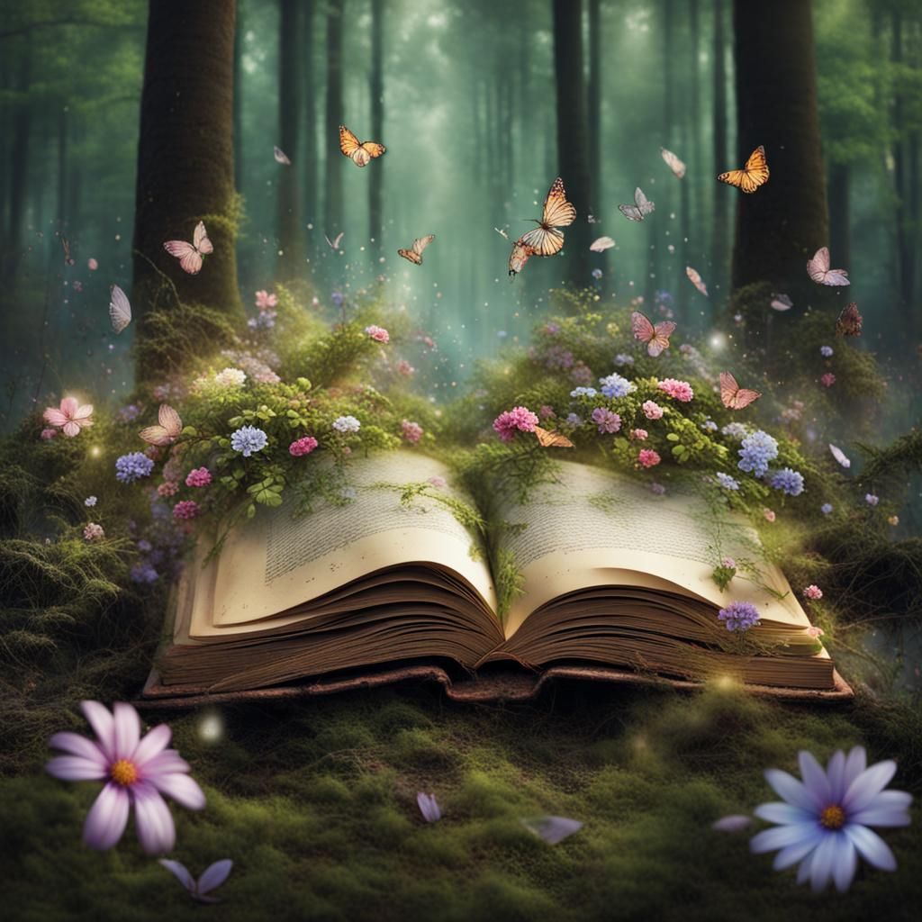 Enchanted Books Amidst Forest Flowers