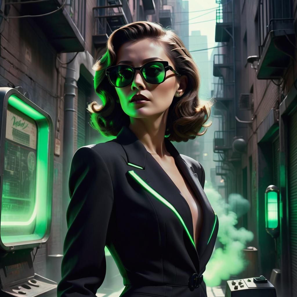 Film Noir Woman in Black with Futuristic Gadget