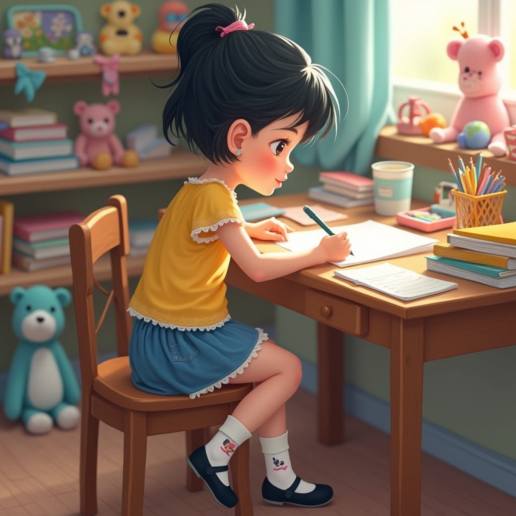Girl Focused on Homework in Cozy Room