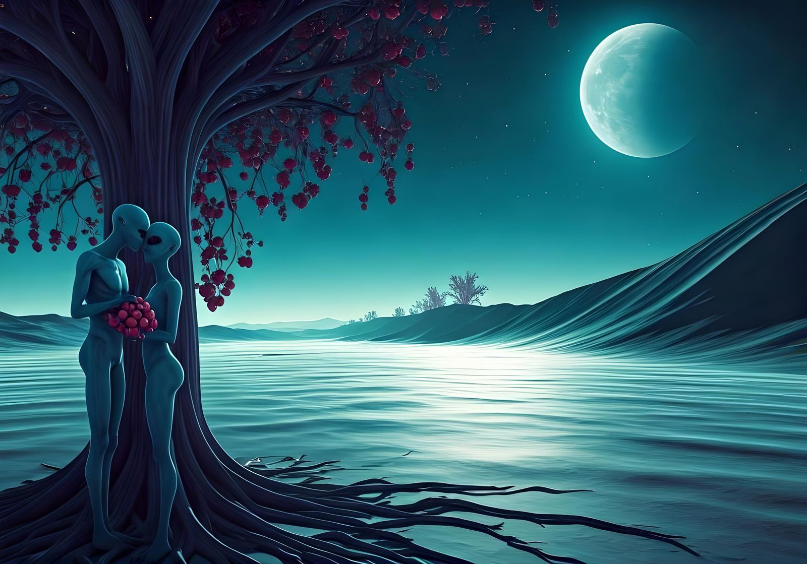 Alien Lovers Kissing Under an Alien Moon