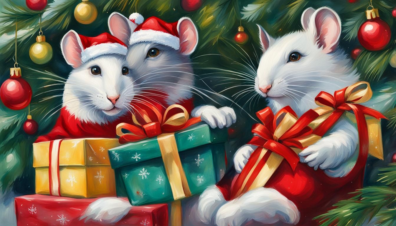 Realistic Christmas Mouse Scene with Decorated Tree and Gift...