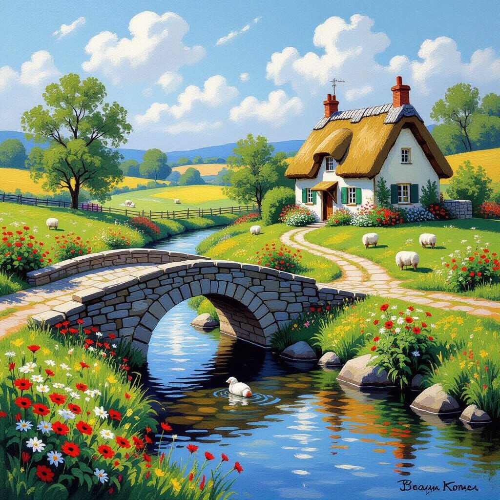 Idyllic Countryside Scene in Impressionist Style