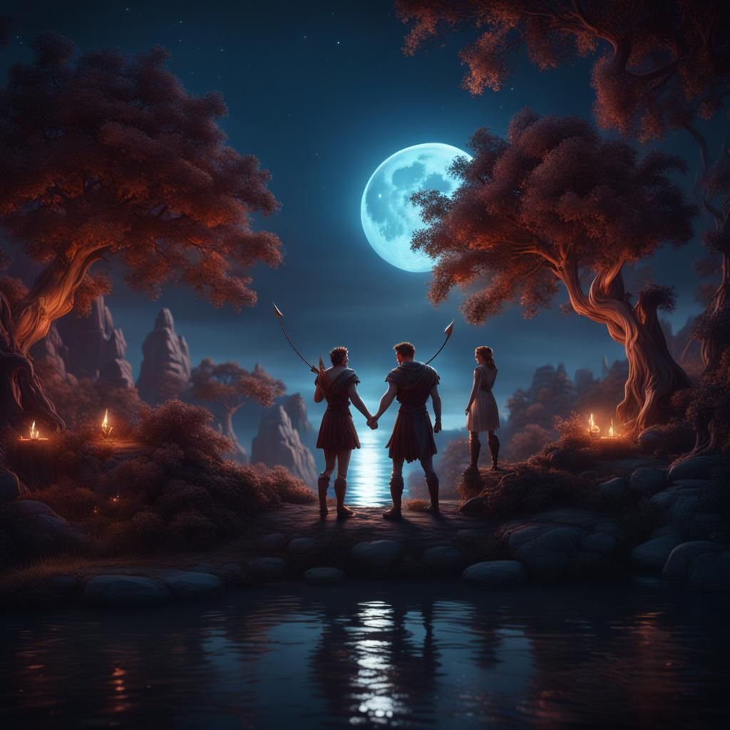 Romantic Moonlit Night: Cupid's Arrow in Cinematic Style