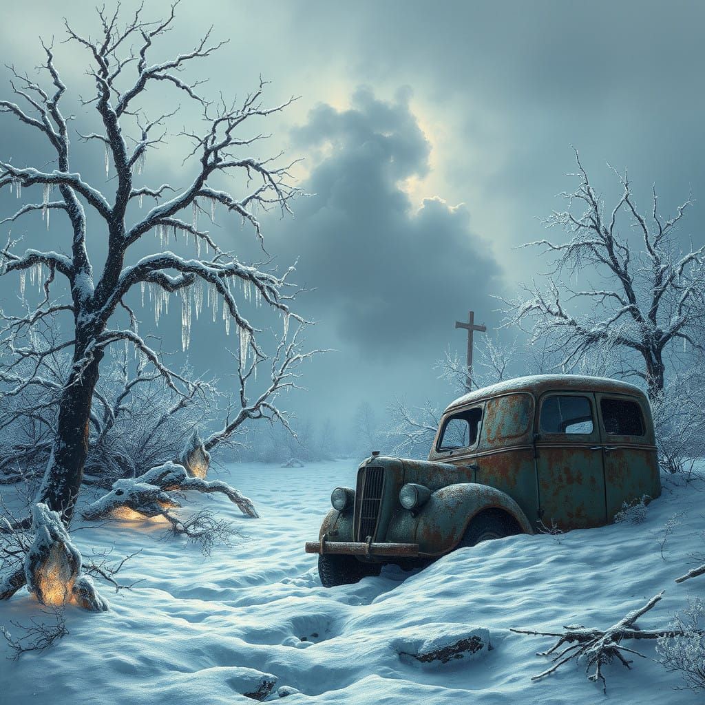 Hyperrealistic Post-Apocalyptic Winter in Pointillist Style