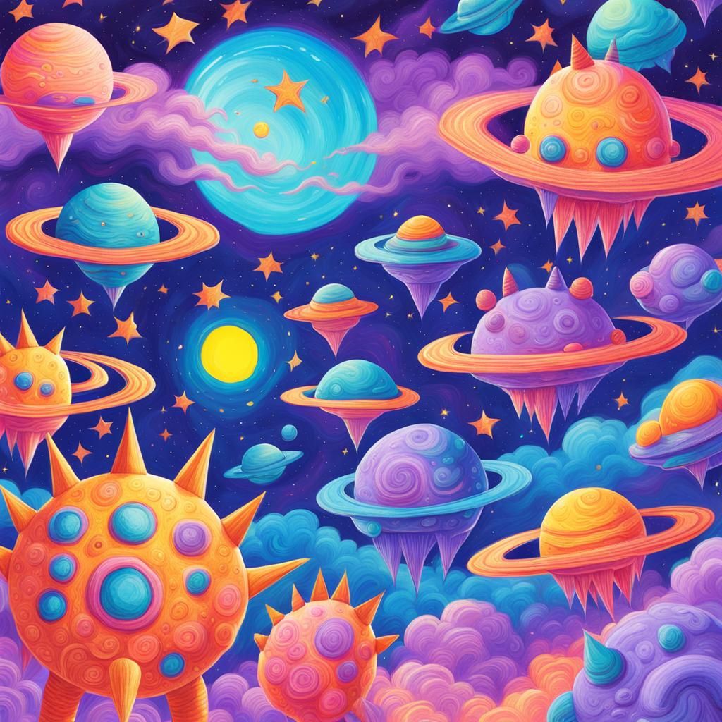 Colorful Kaiju Battle in Space: Whimsical Doodle Art