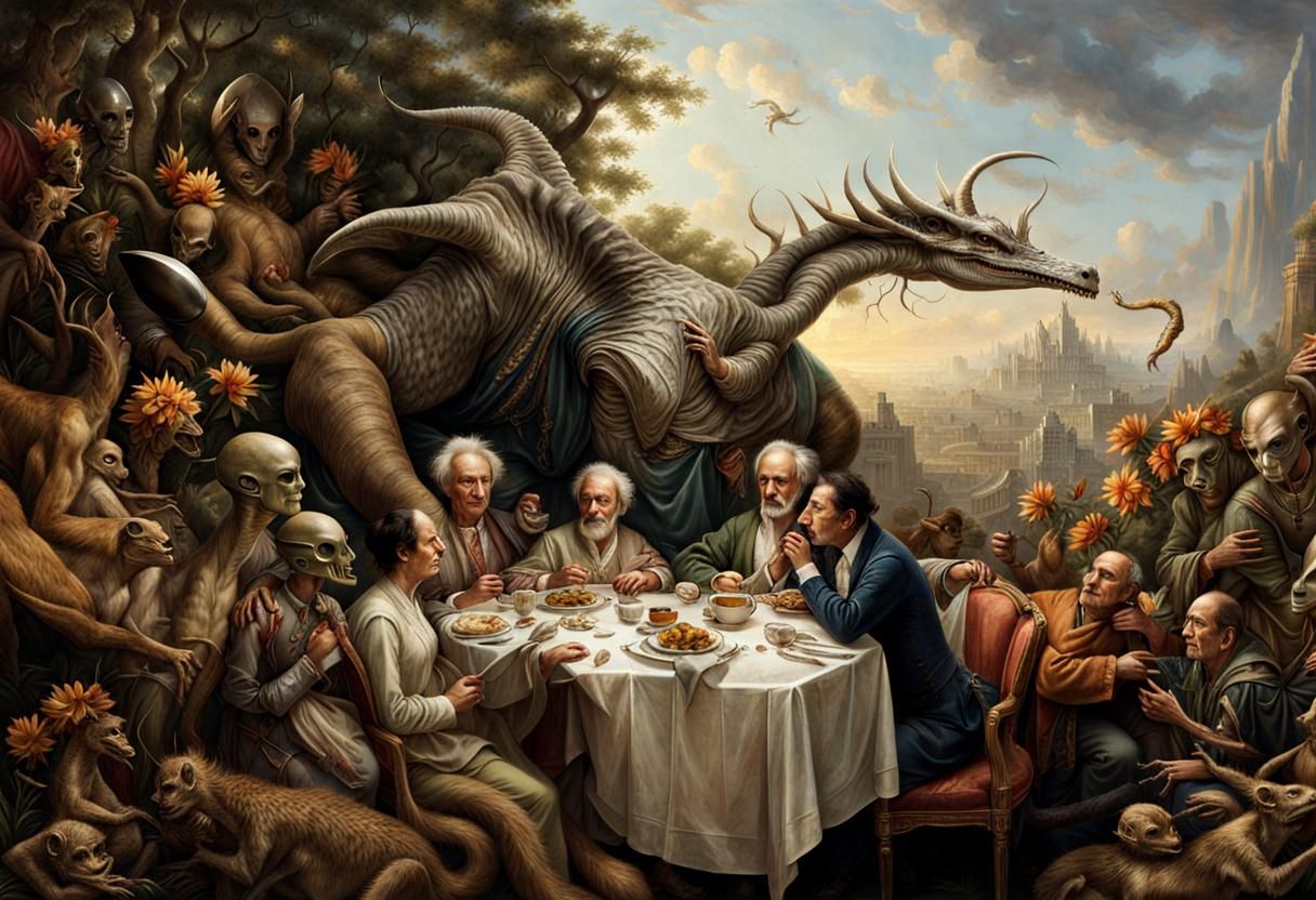 Surreal Alien Celebration in Restaurant, Magical Realism