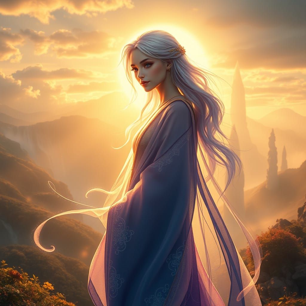 Ethereal Being in Sunset Glow, Surrounded by Whispers of Nat...