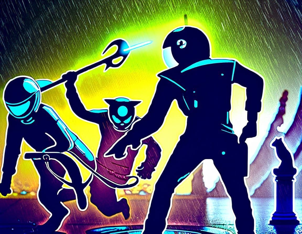 Gritty Noir Android Showdown in Rainy City Alleyway